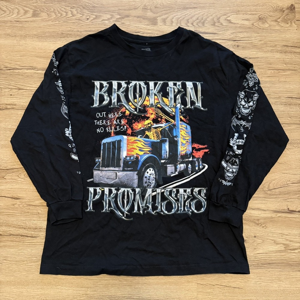 Broken Promises Mens Trucker‎ Skull Skeleton Long Sleeve Shirt Size L